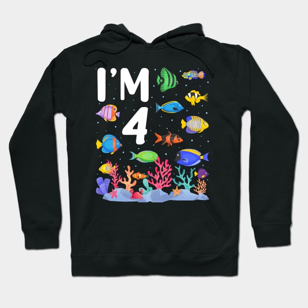 4th Birthday Party Tropical Fish I'm Four Years Old age Bday Hoodie by Msafi